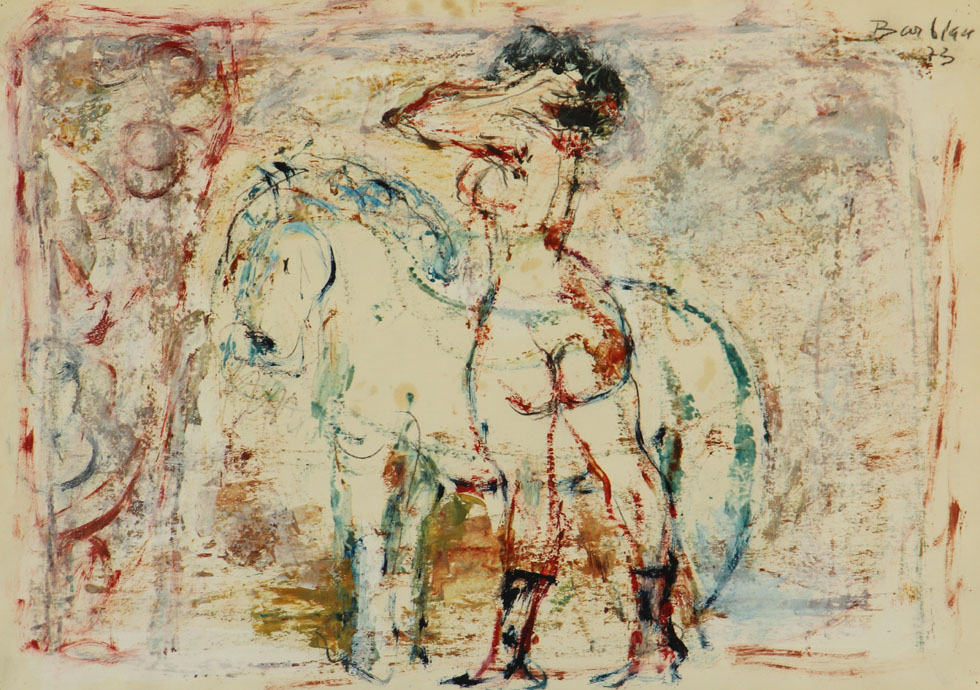 Oscar Barblan, Nudo con cavallino, Mixed technique on paper, 35 x 50 cm, 1973