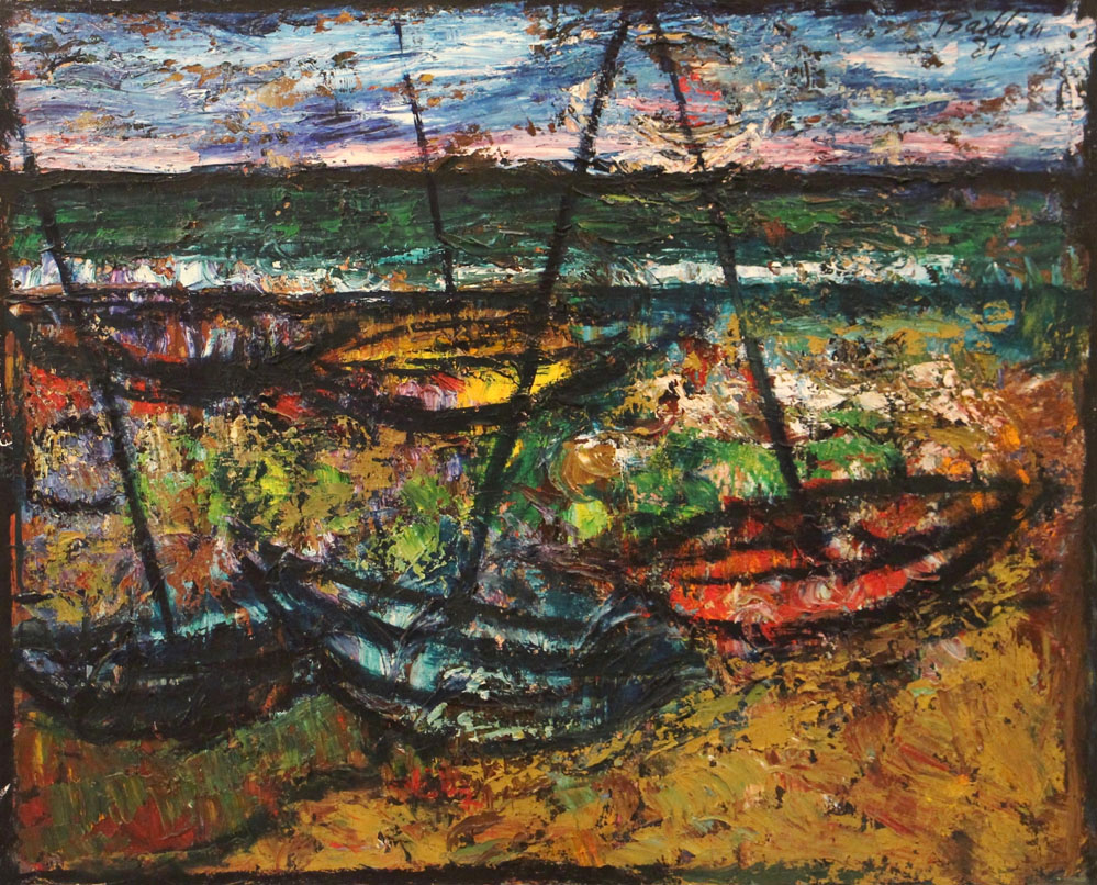 Oscar Barblan, Composizione con barche, Oil on canvas, 65 x 80 cm, 1979