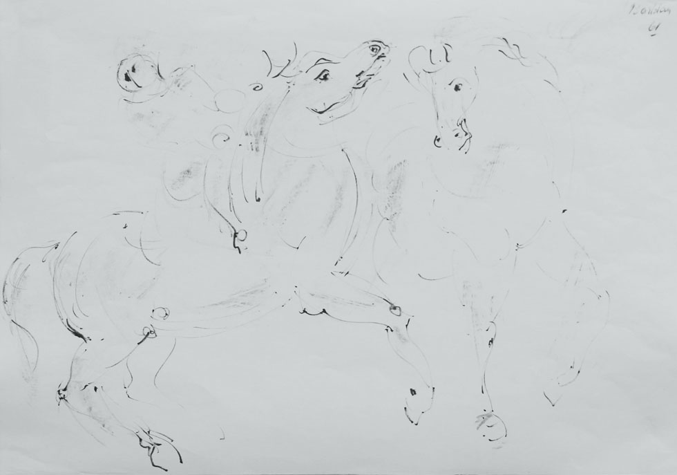 Oscar Barblan, Cavalli imbizzarriti, Drawing pencil on paper, 35 x 50 cm, 1961